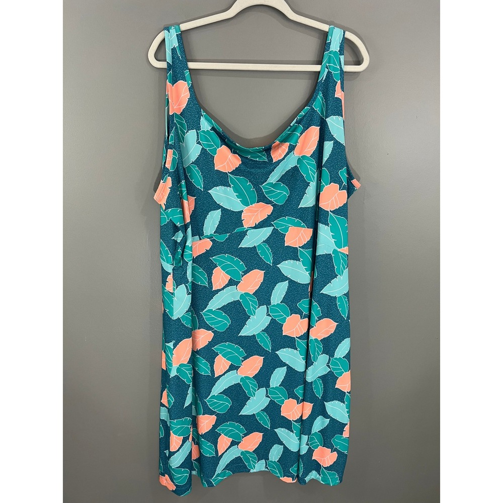 Columbia Dress Womens 3X Teal Orange Leaf Print Sleeveless Good Tropical Knit